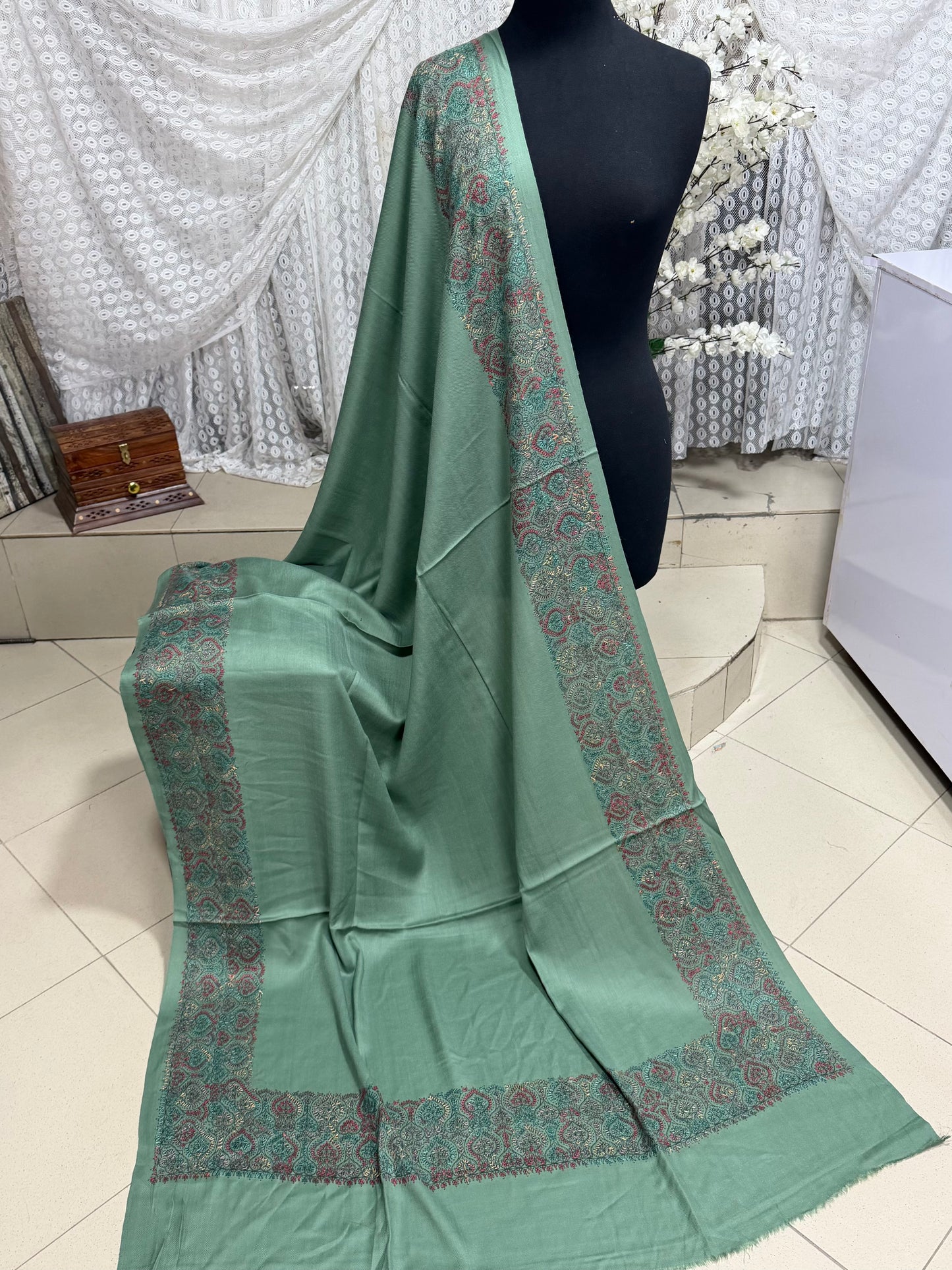 Pashmina Shawl Border Embroidery | Handmade Shawl Perfect Gift | Pista Green