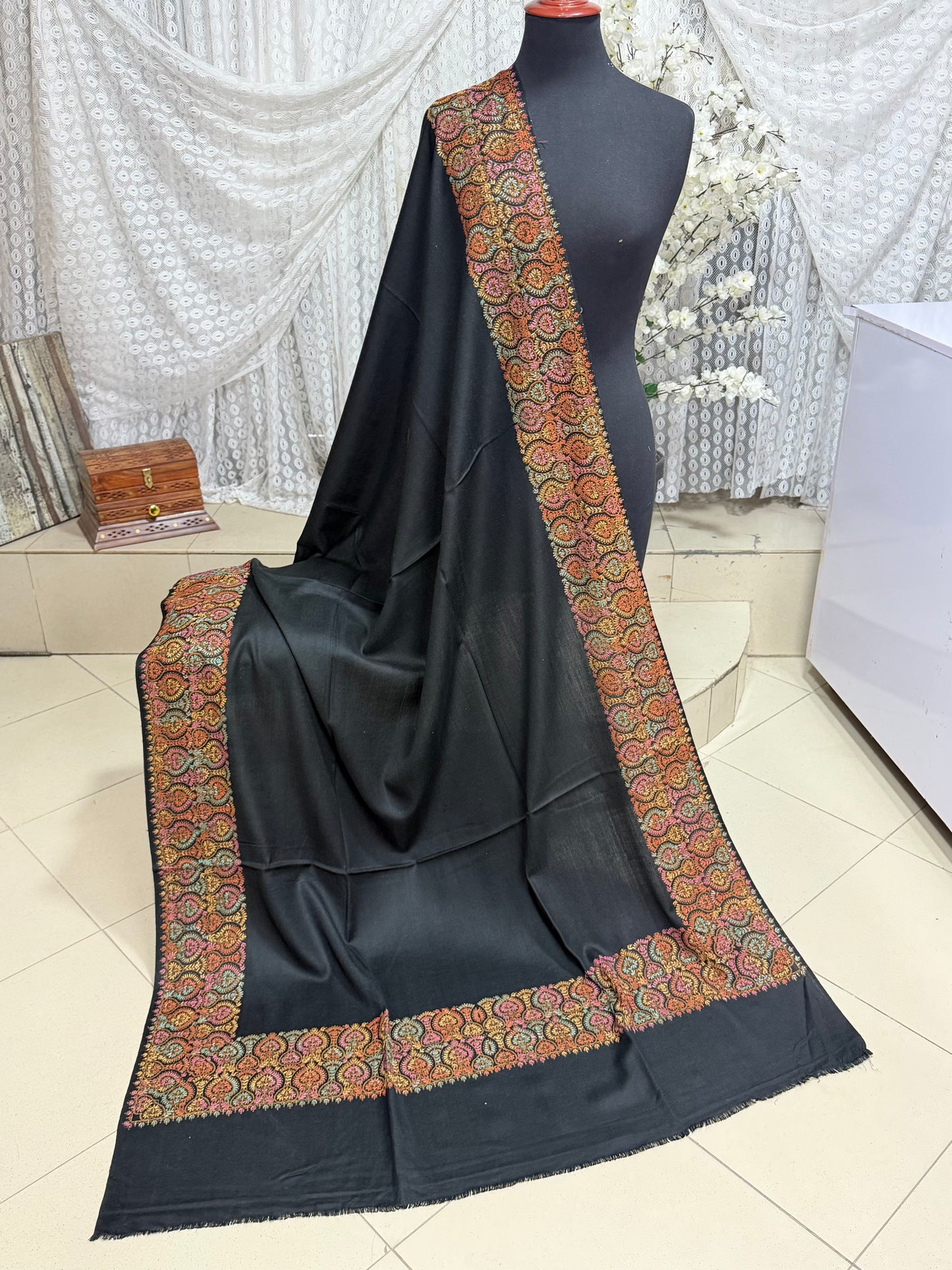 Pashmina Shawl Border Embroidery | Handmade Shawl Perfect Gift | Black
