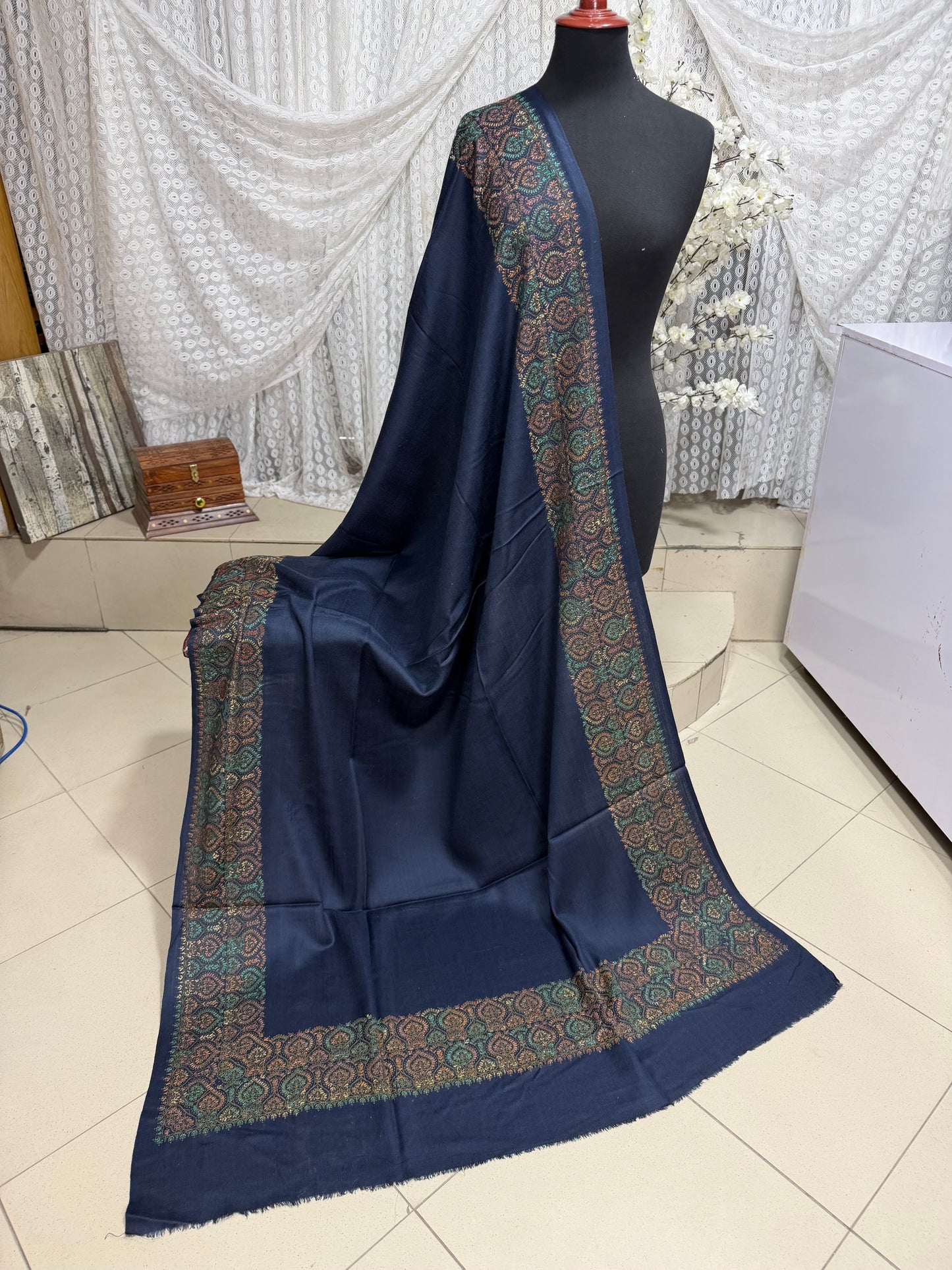 Pashmina Shawl Border Embroidery | Handmade Shawl Perfect Gift | Blue