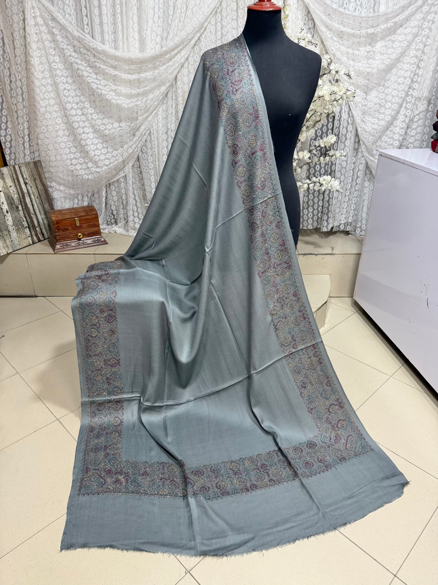 Pashmina Shawl Border Embroidery | Handmade Shawl Perfect Gift | Grey