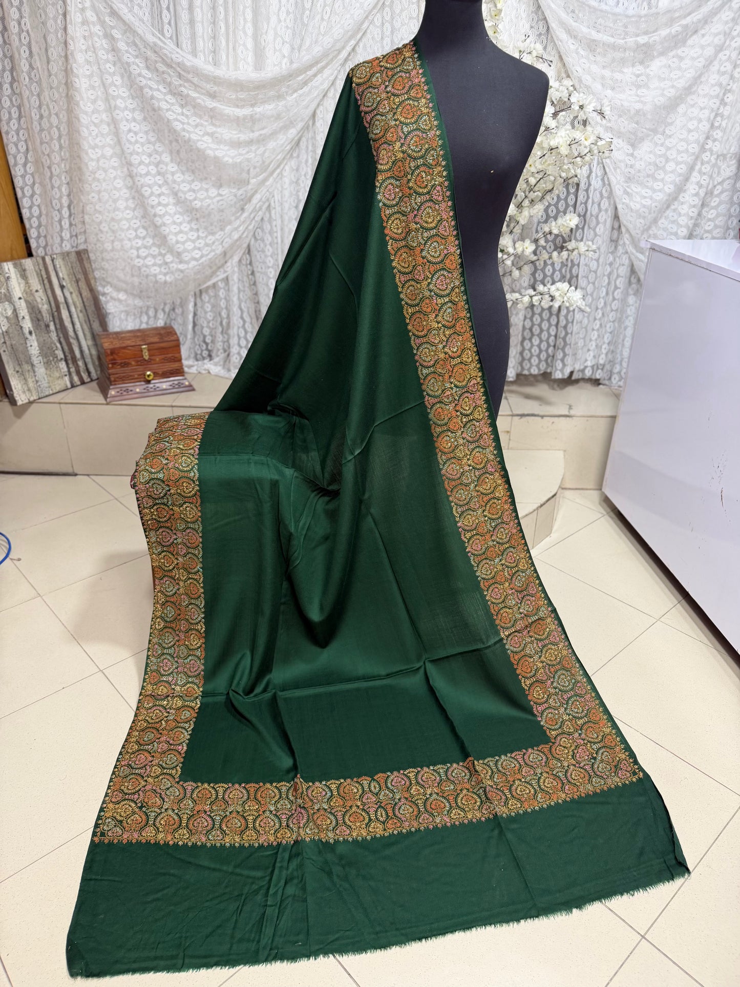 Pashmina Shawl Border Embroidery | Handmade Shawl Perfect Gift | Dark Green