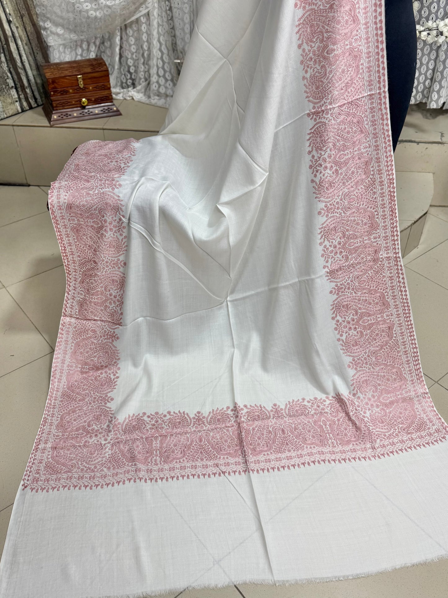 Kashmiri Shawl | 4 Side Wide Border Kashmiri Embroidery | White Pink
