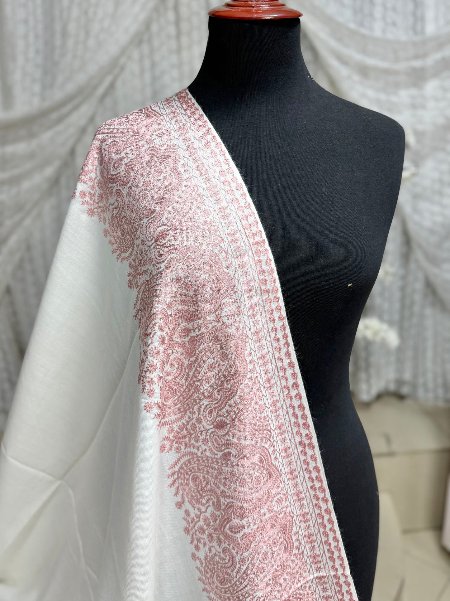 Kashmiri Shawl | 4 Side Wide Border Kashmiri Embroidery | White Pink
