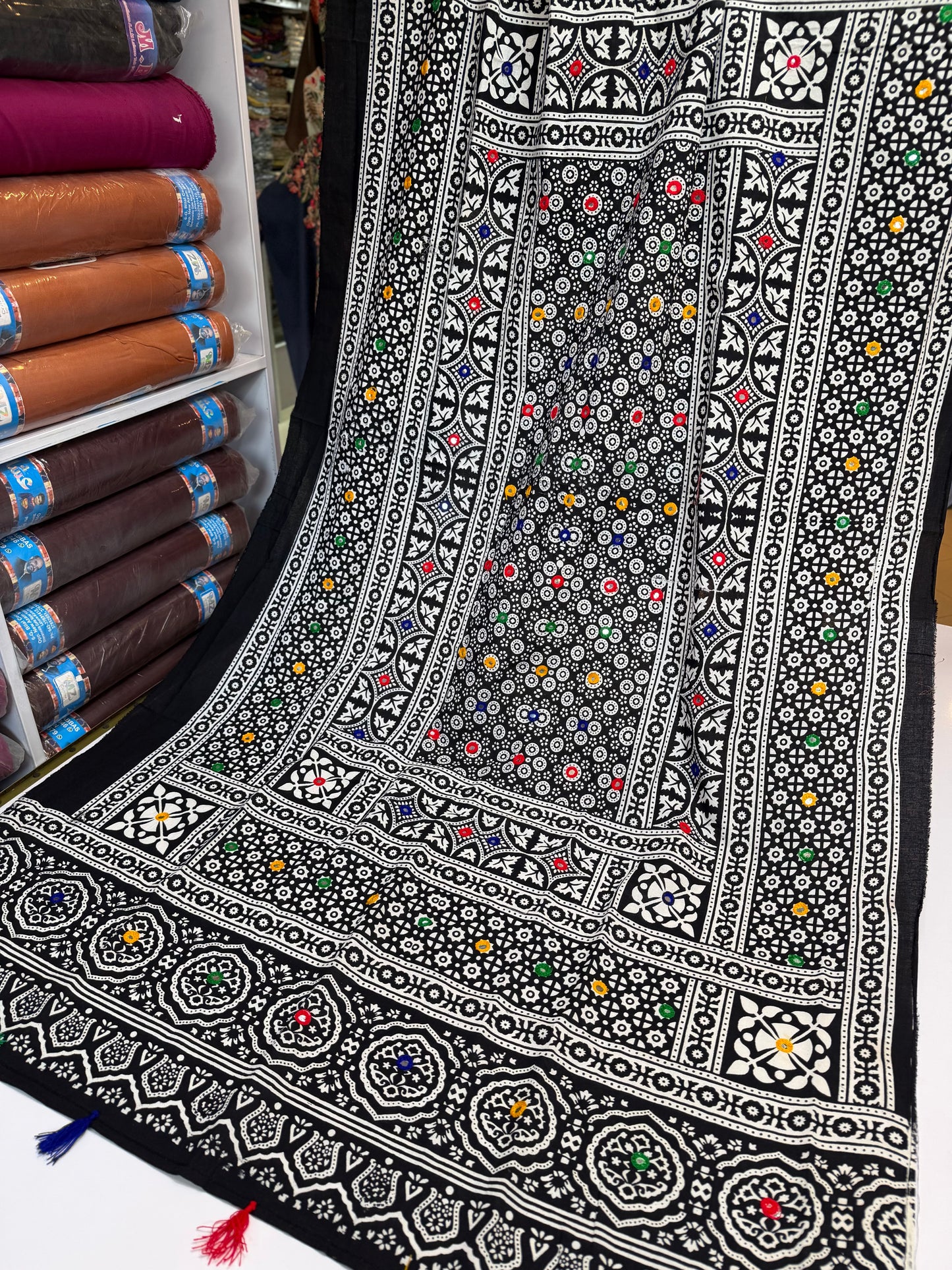 Ajrak Cotton Handmade Dupatta Embroidered | Black
