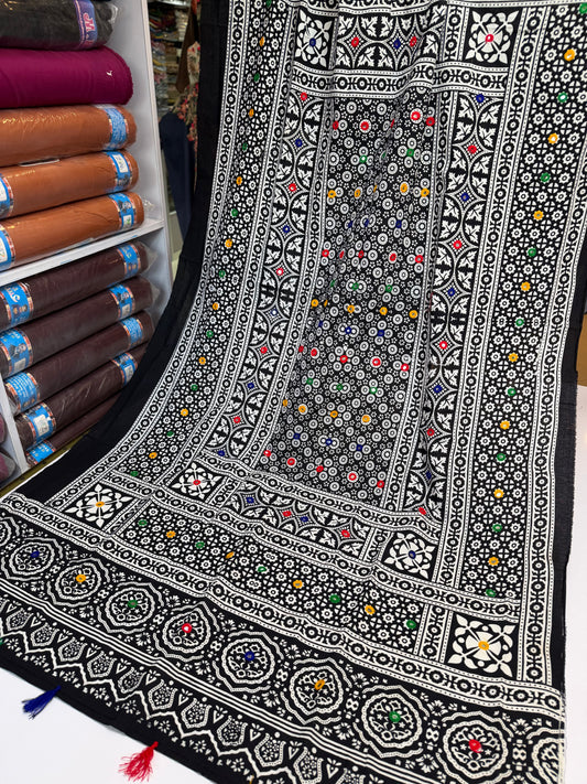 Ajrak Cotton Handmade Dupatta Embroidered | Black