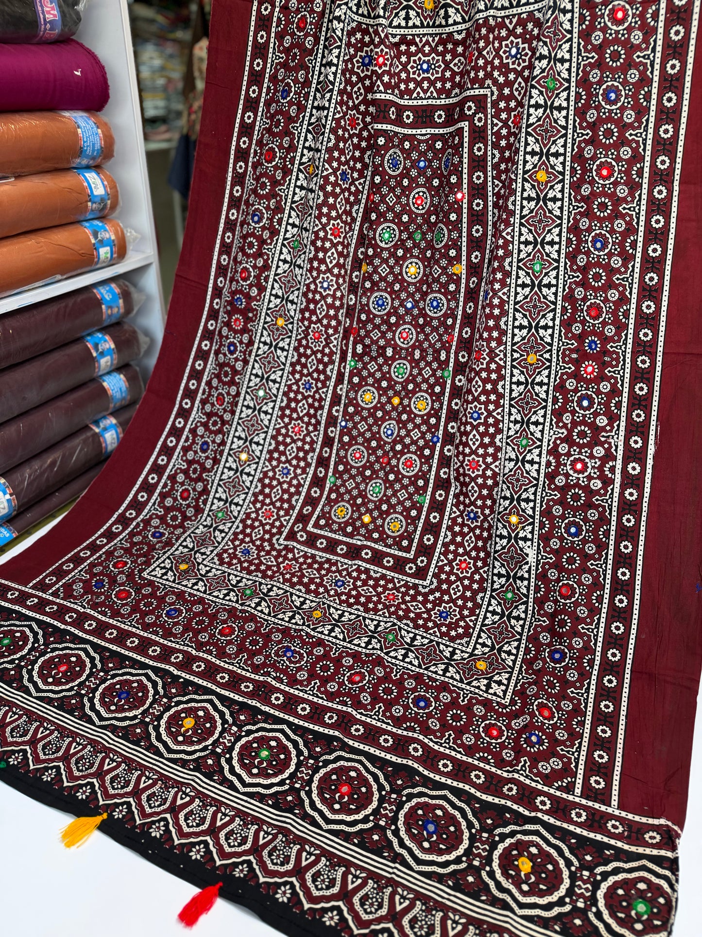 Ajrak Cotton Handmade Dupatta Embroidered | Maroon