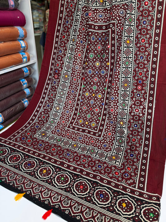 Ajrak Cotton Handmade Dupatta Embroidered | Maroon