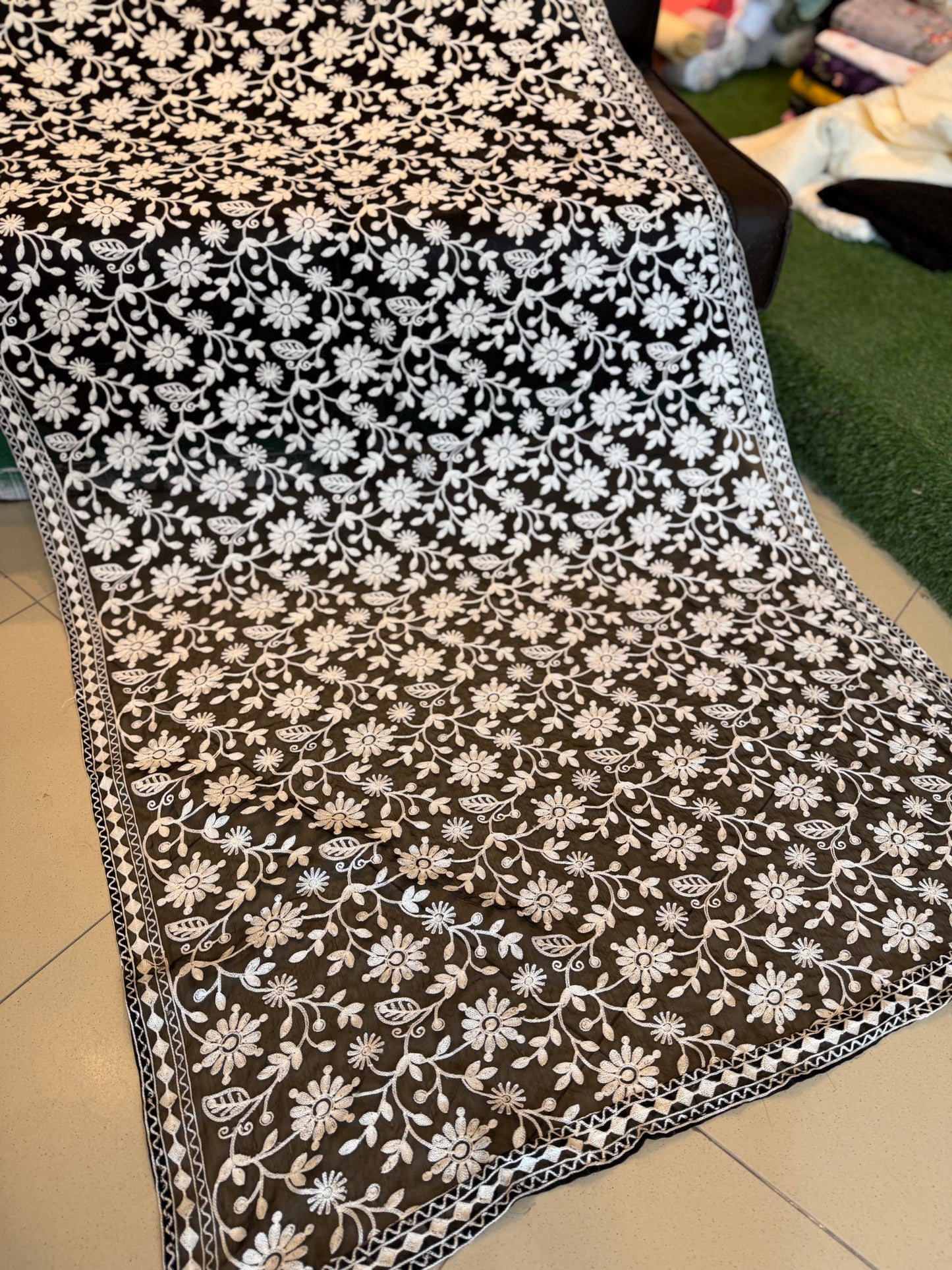 Crinkle Chiffon Embroidered Dupatta | Black With White Flower Jaal