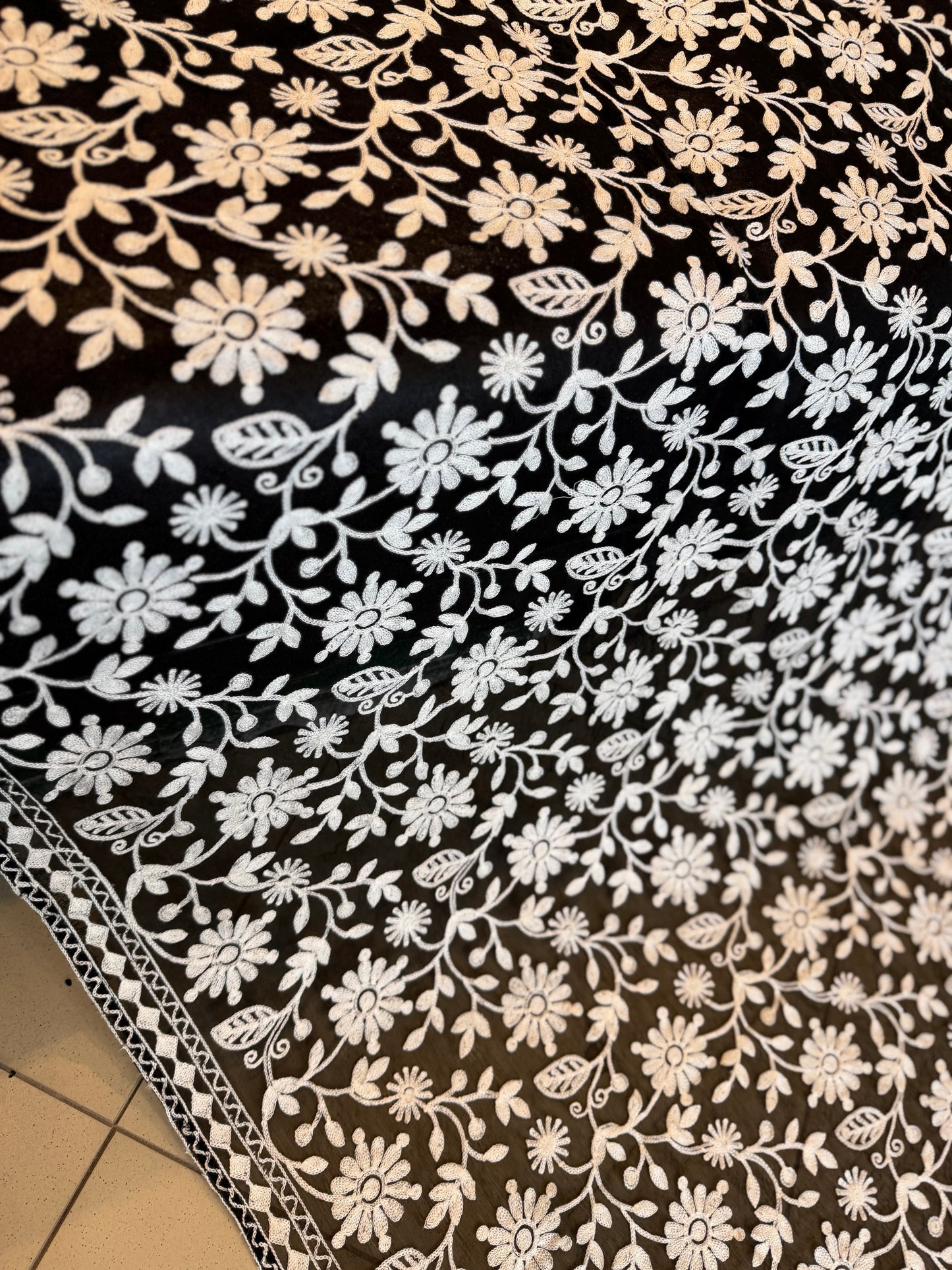 Crinkle Chiffon Embroidered Dupatta | Black With White Flower Jaal