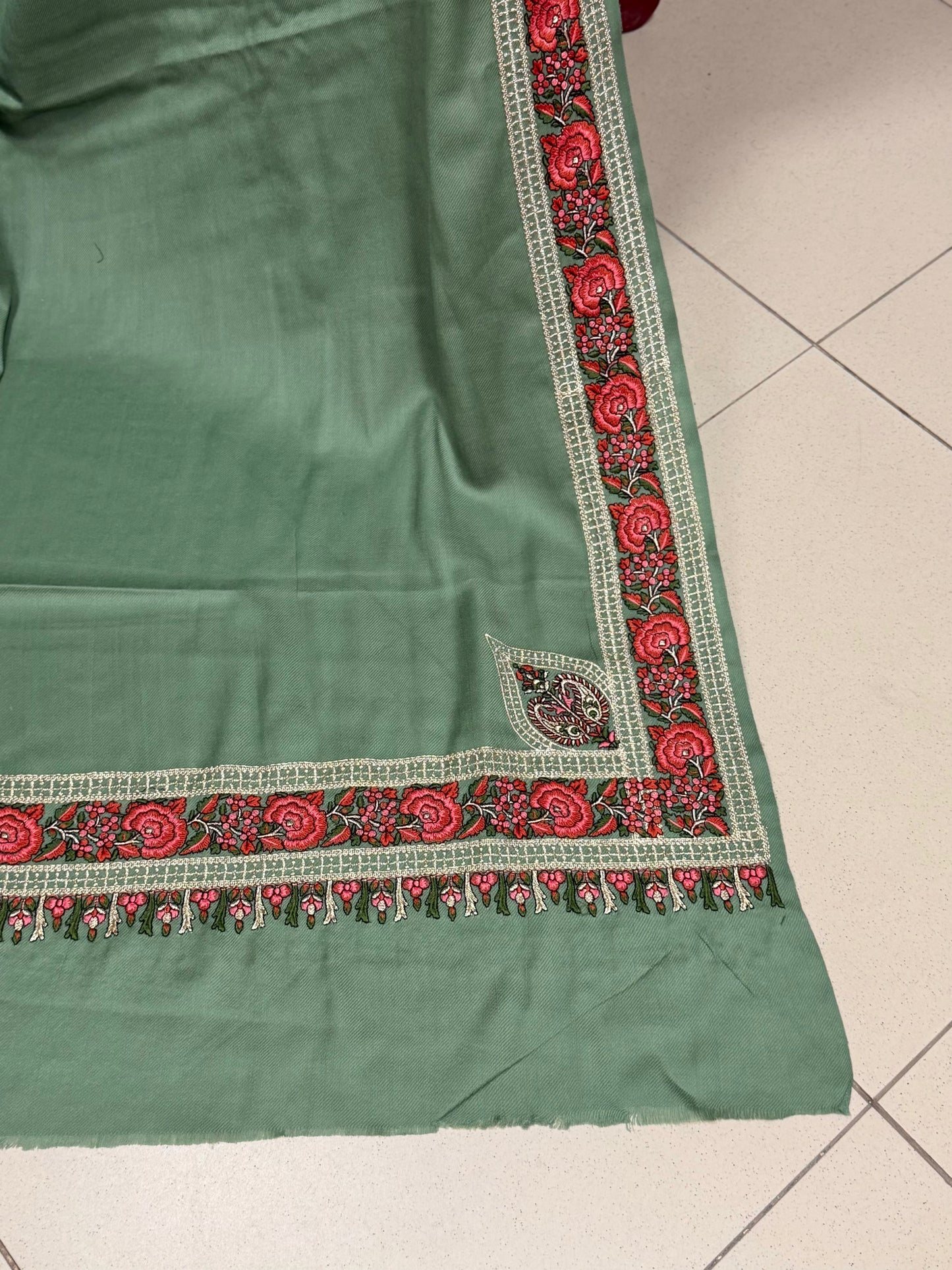 Kashmiri Shawl | Border Papermache Tilla Embroidery | Pista Green