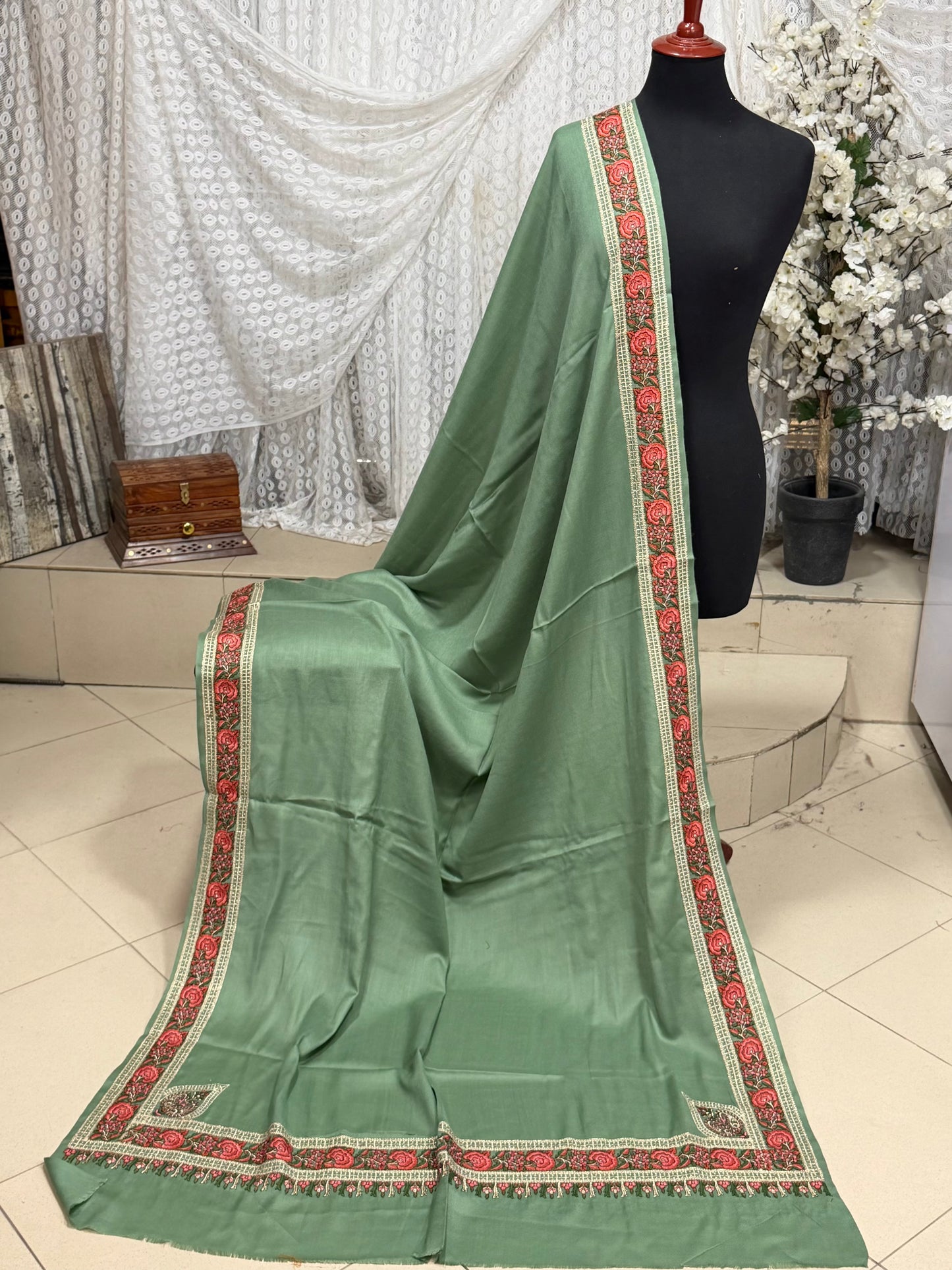 Kashmiri Shawl | Border Papermache Tilla Embroidery | Pista Green