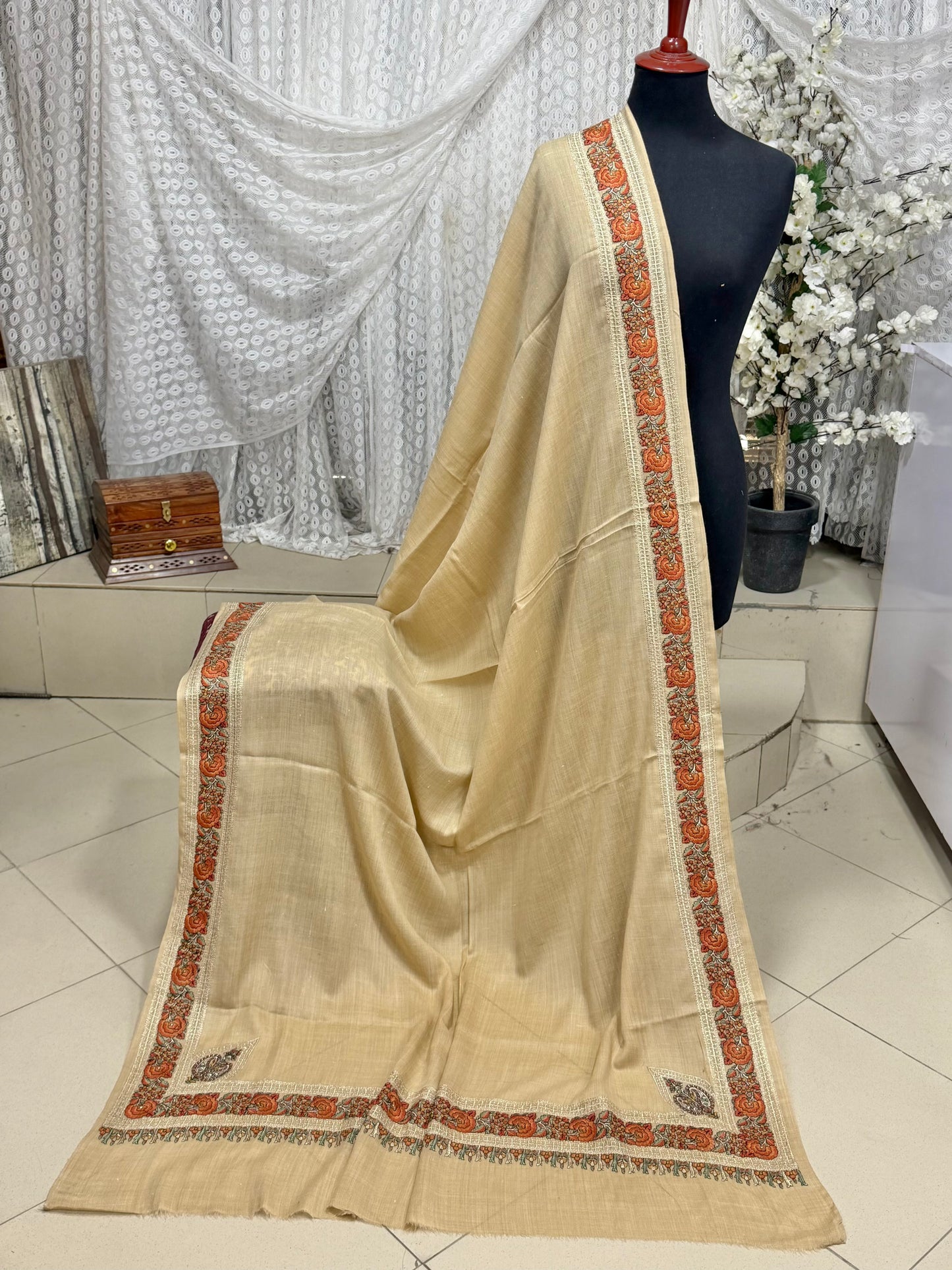 Kashmiri Shawl | Border Papermache Tilla Embroidery | Light Skin