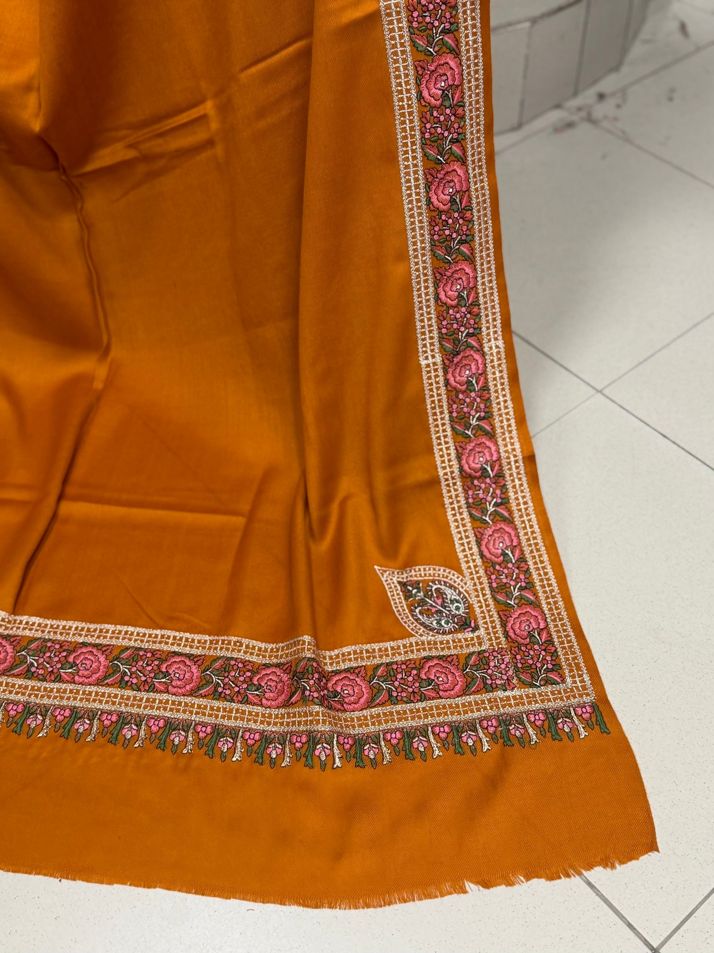Kashmiri Shawl | Border Papermache Tilla Embroidery | Rust