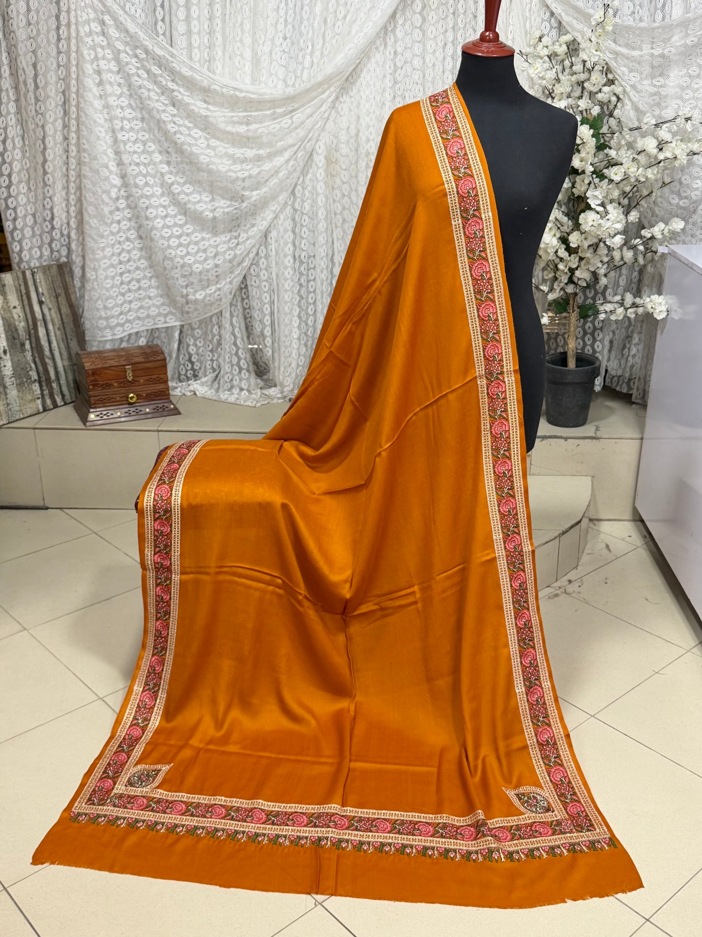Kashmiri Shawl | Border Papermache Tilla Embroidery | Rust