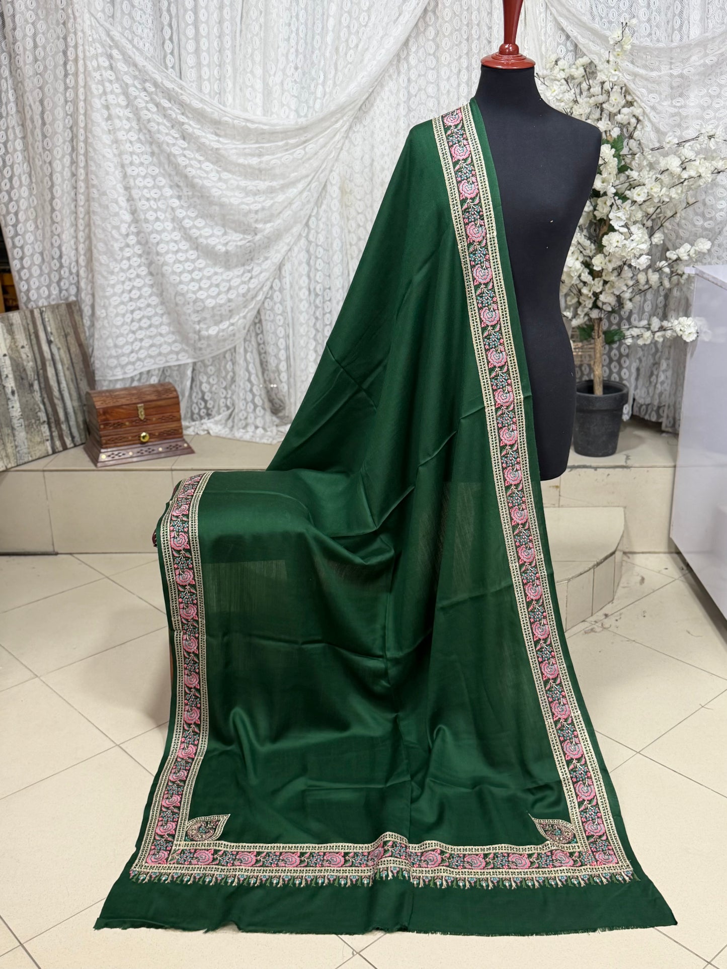Kashmiri Shawl | Border Papermache Tilla Embroidery | Dark Green