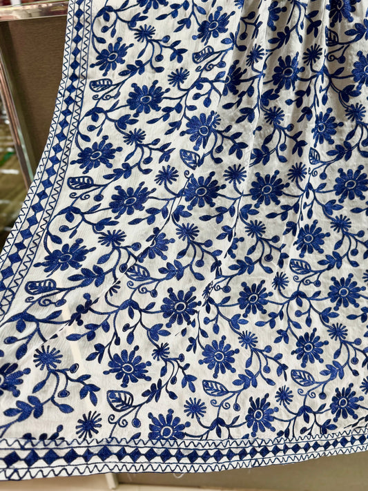 Crinkle Chiffon Embroidered Dupatta | White With Blue Flower Jaal