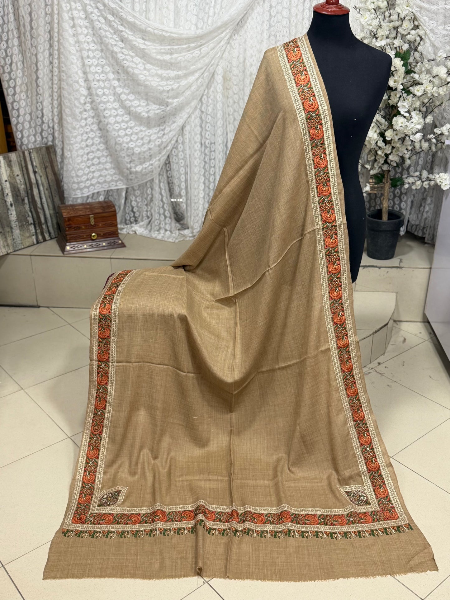 Kashmiri Shawl | Border Papermache Tilla Embroidery | Dark Skin