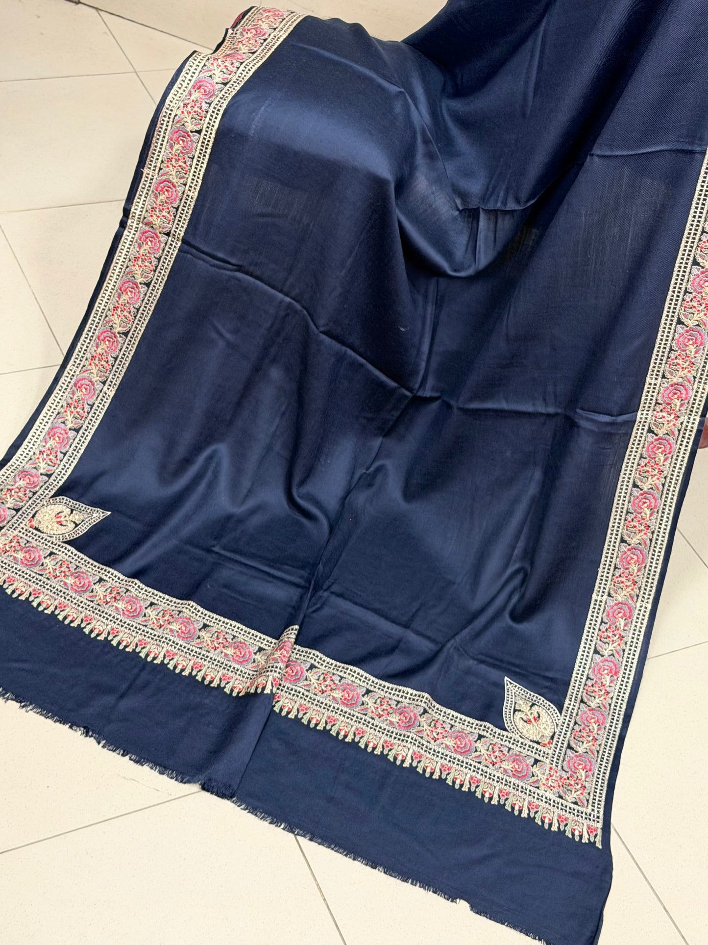 Kashmiri Shawl | Border Papermache Tilla Embroidery | Navy Blue