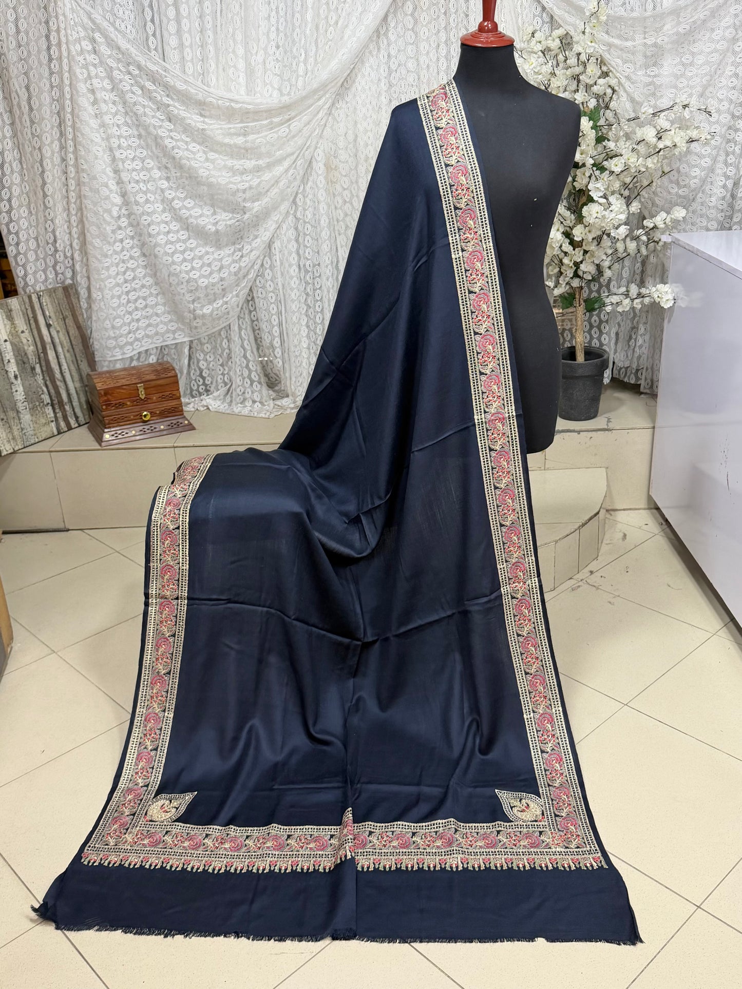 Kashmiri Shawl | Border Papermache Tilla Embroidery | Navy Blue