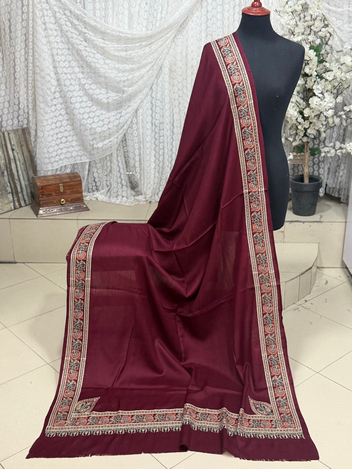 Kashmiri Shawl | Border Papermache Tilla Embroidery | Maroon