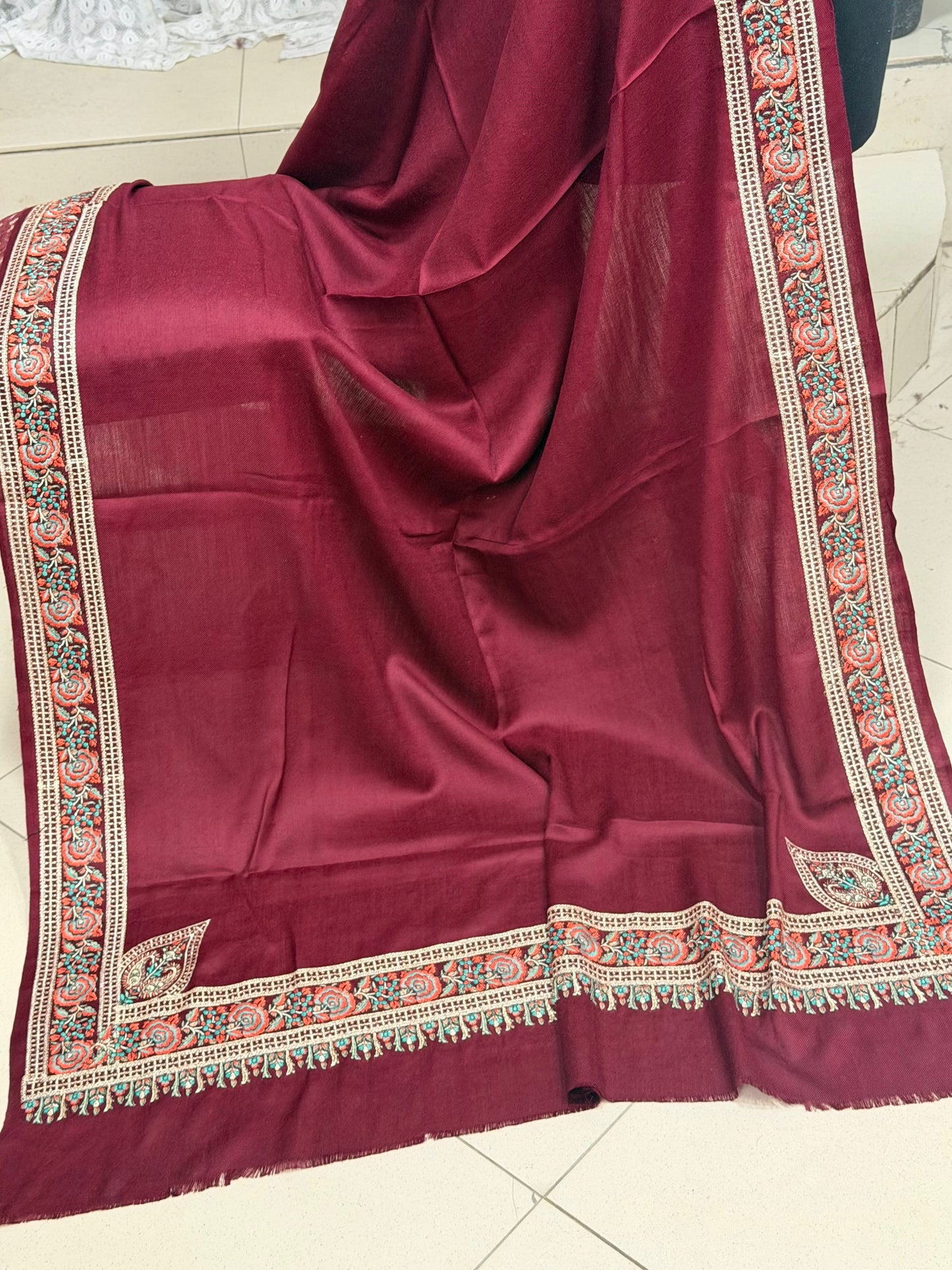 Kashmiri Shawl | Border Papermache Tilla Embroidery | Maroon