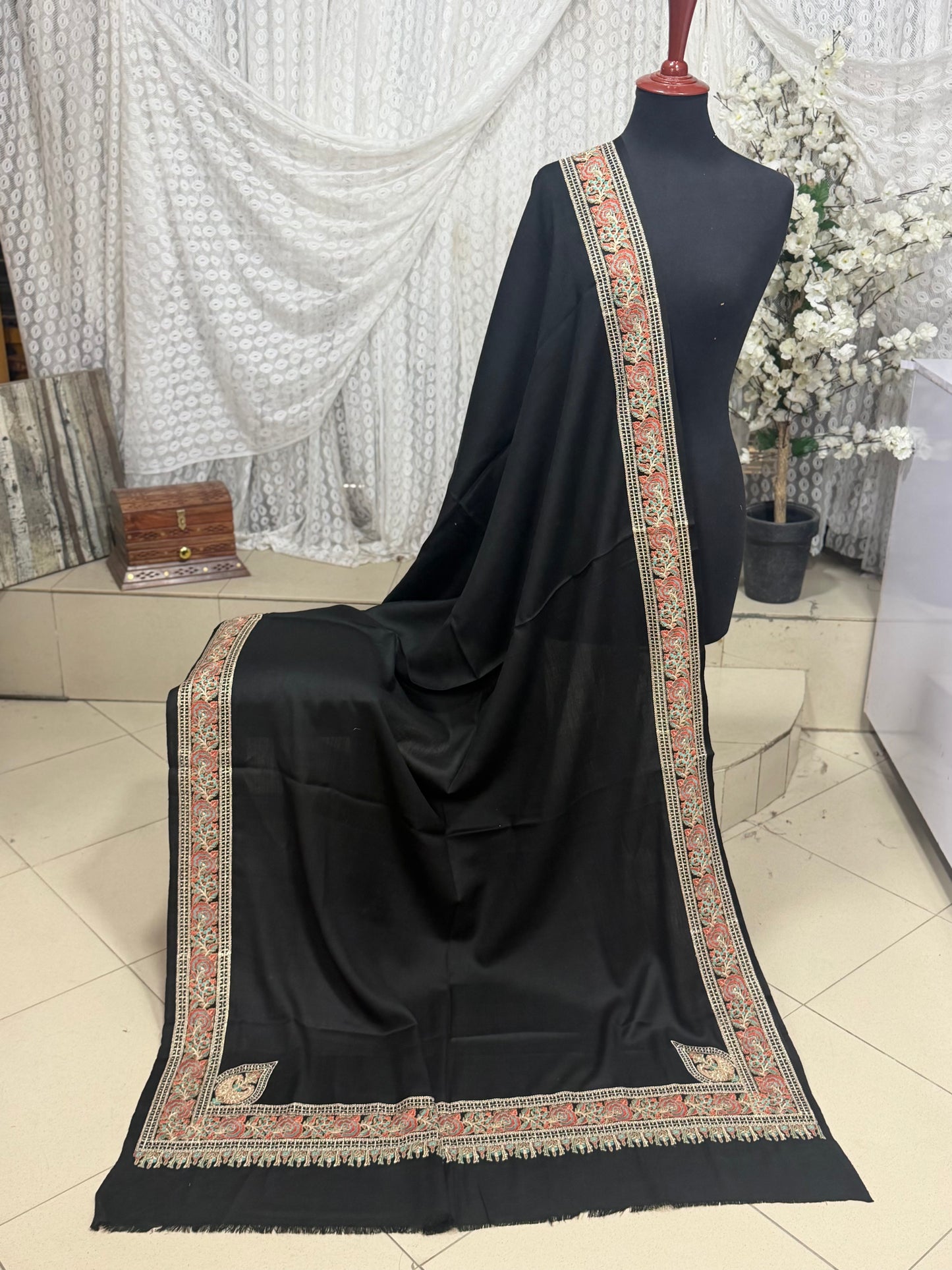 Kashmiri Shawl | Border Papermache Tilla Embroidery | Black