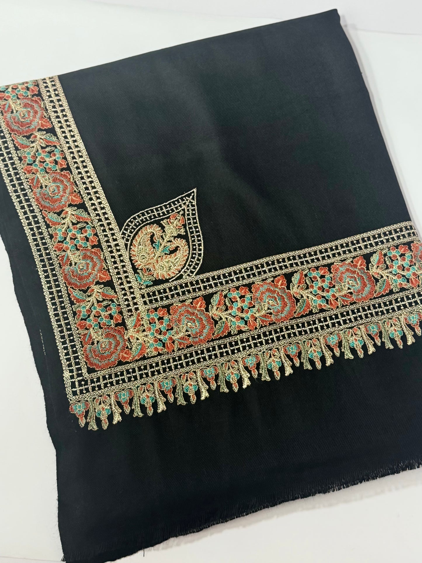 Kashmiri Shawl | Border Papermache Tilla Embroidery | Black