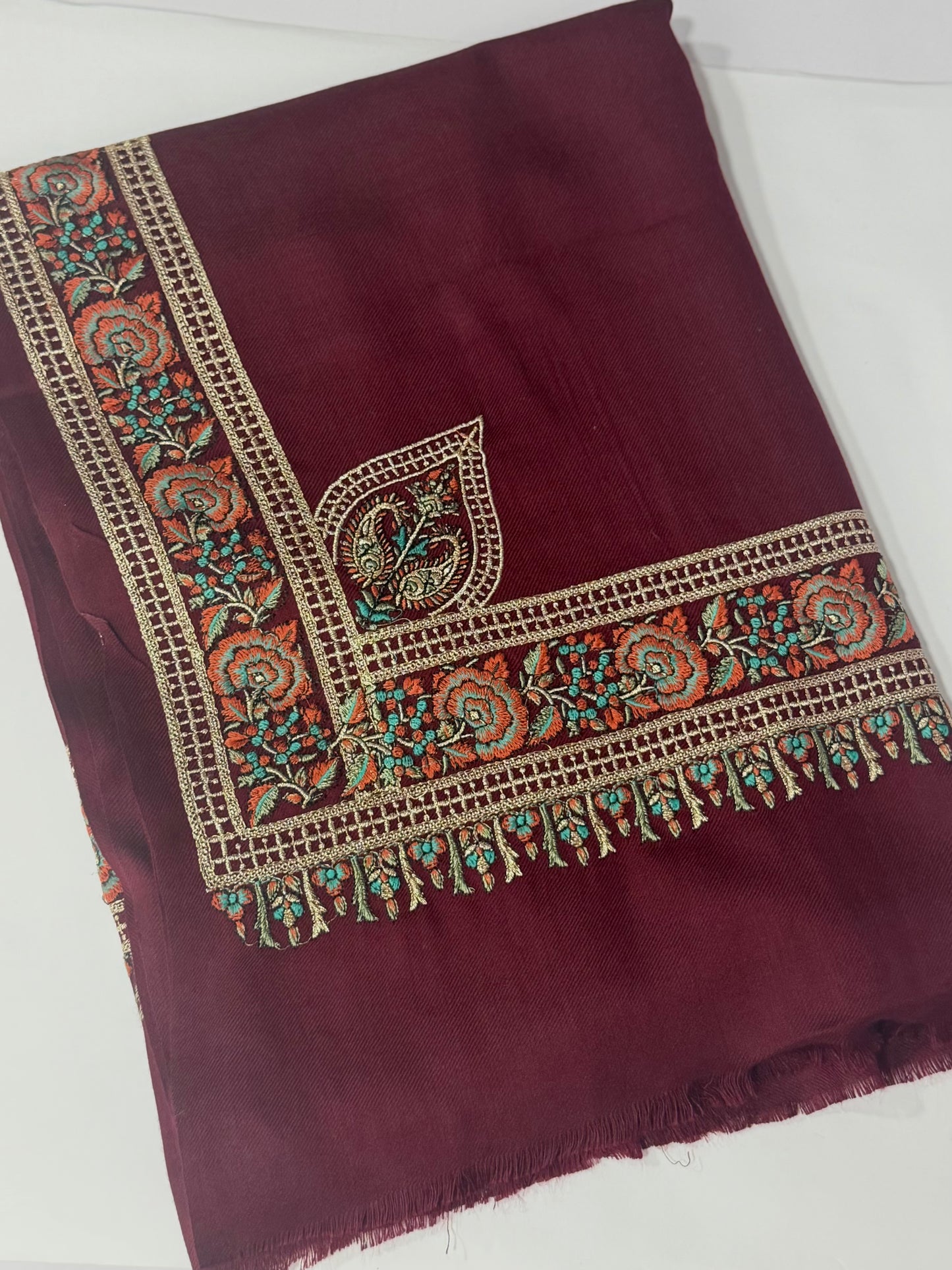 Kashmiri Shawl | Border Papermache Tilla Embroidery | Maroon