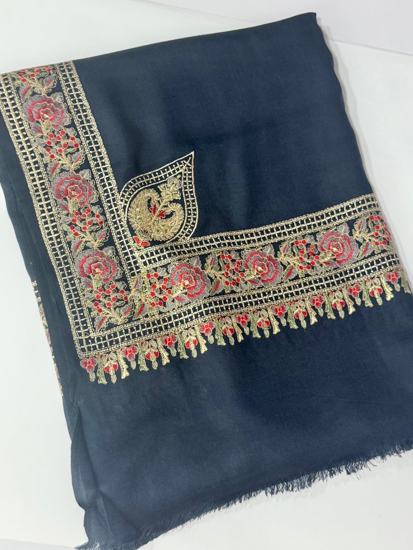 Kashmiri Shawl | Border Papermache Tilla Embroidery | Navy Blue