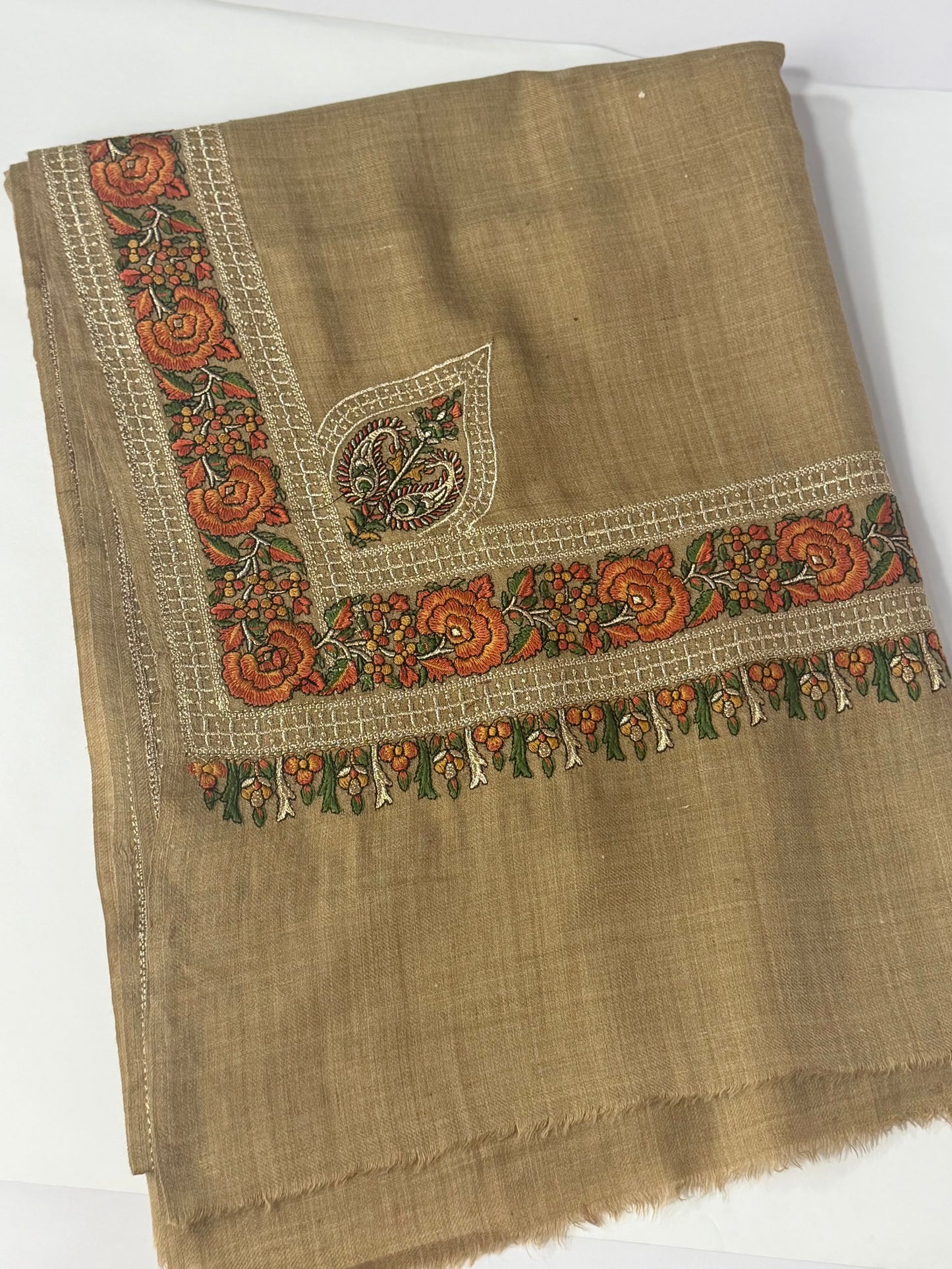 Kashmiri Shawl | Border Papermache Tilla Embroidery | Dark Skin
