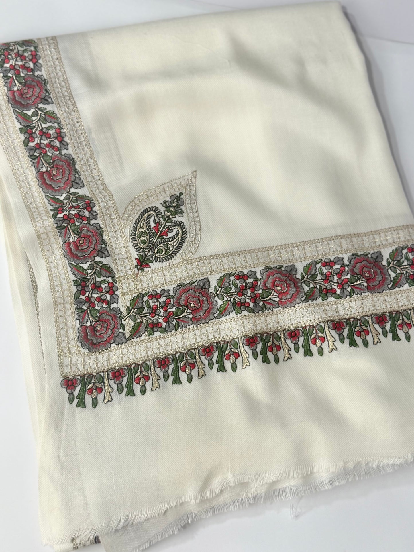 Kashmiri Shawl | Border Papermache Tilla Embroidery | Off White