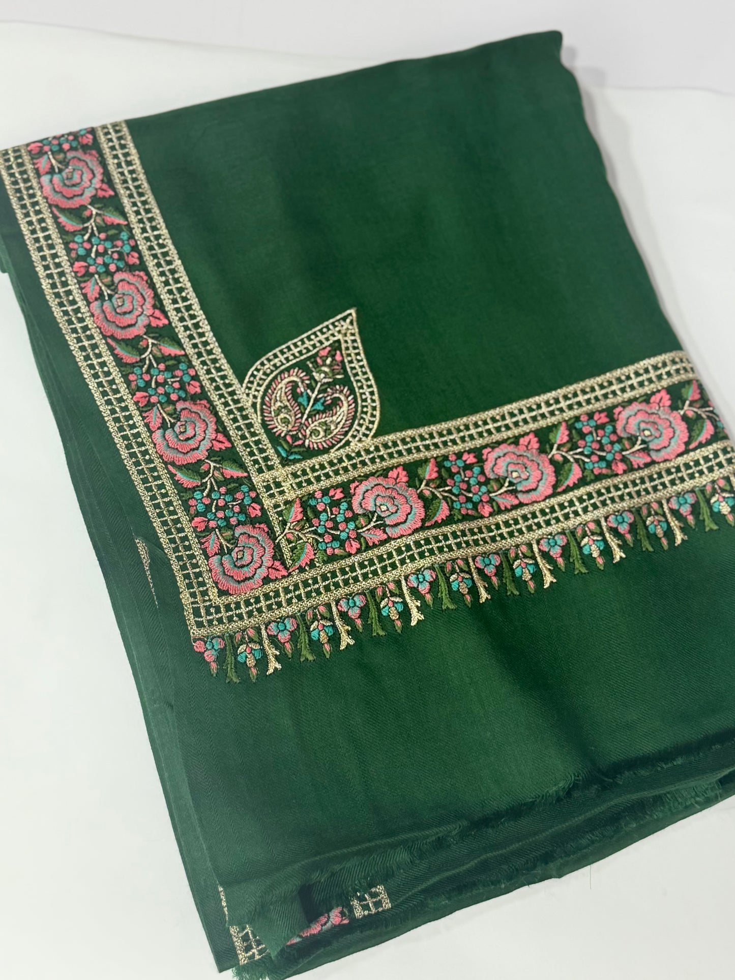 Kashmiri Shawl | Border Papermache Tilla Embroidery | Dark Green