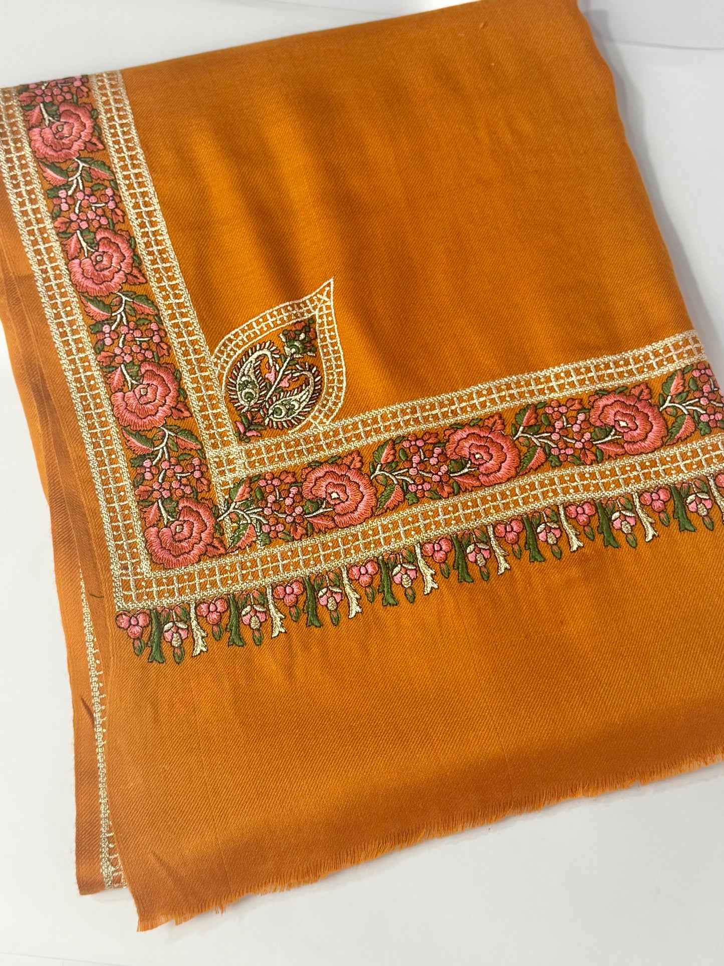 Kashmiri Shawl | Border Papermache Tilla Embroidery | Rust