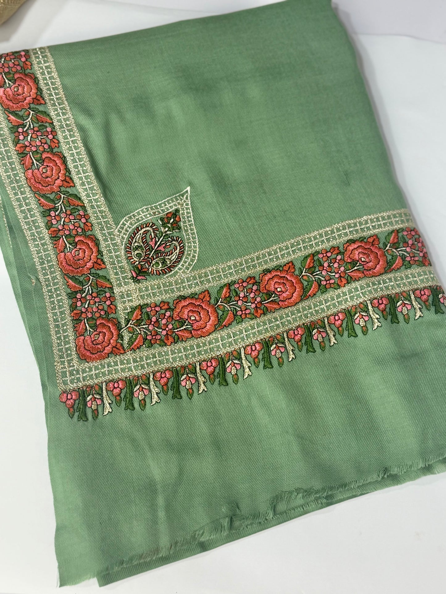 Kashmiri Shawl | Border Papermache Tilla Embroidery | Pista Green