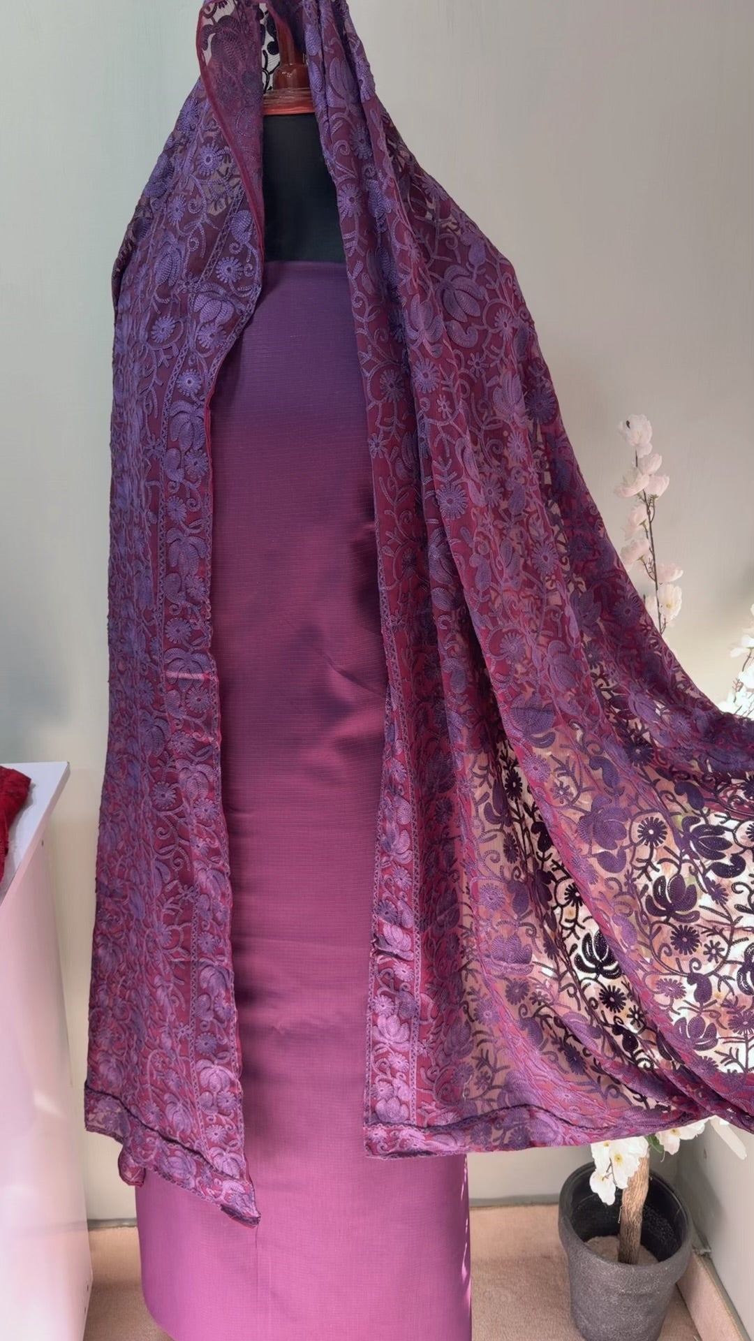 3 Piece Doria Lawn Suit With Chiffon Embroidered Dupatta | Purple