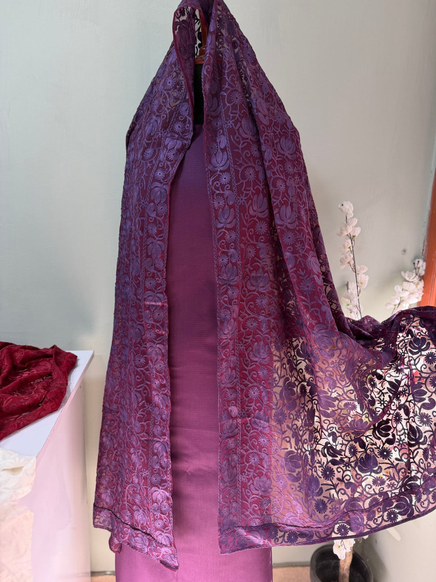 3 Piece Doria Lawn Suit With Chiffon Embroidered Dupatta | Purple