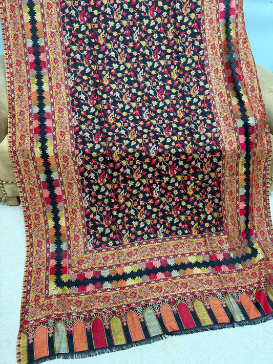 Pashmina Wool Kani Shawl in Full Size Multi Color | Black Jaal