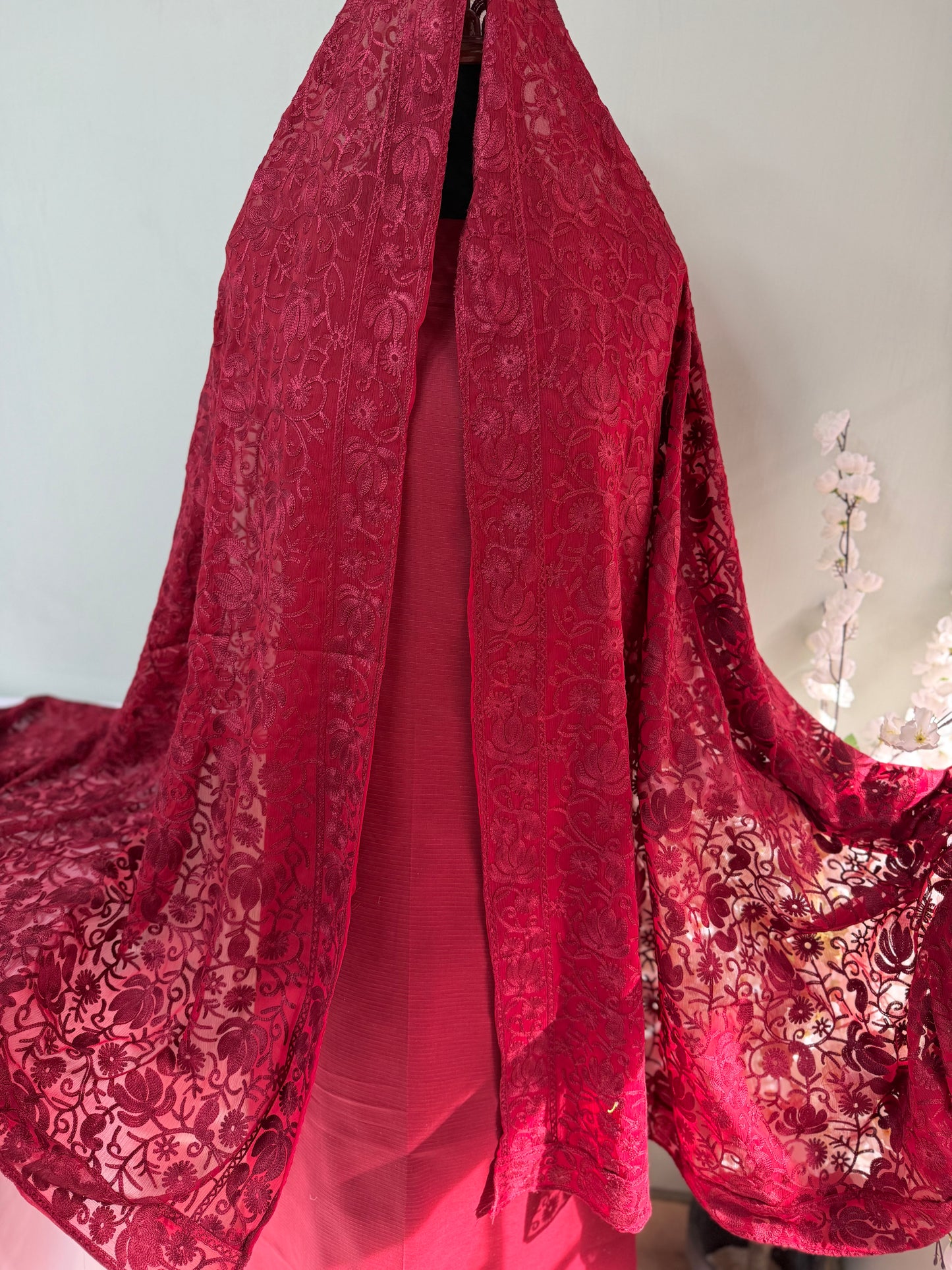 3 Piece Doria Lawn Suit With Chiffon Embroidered Dupatta | Maroon