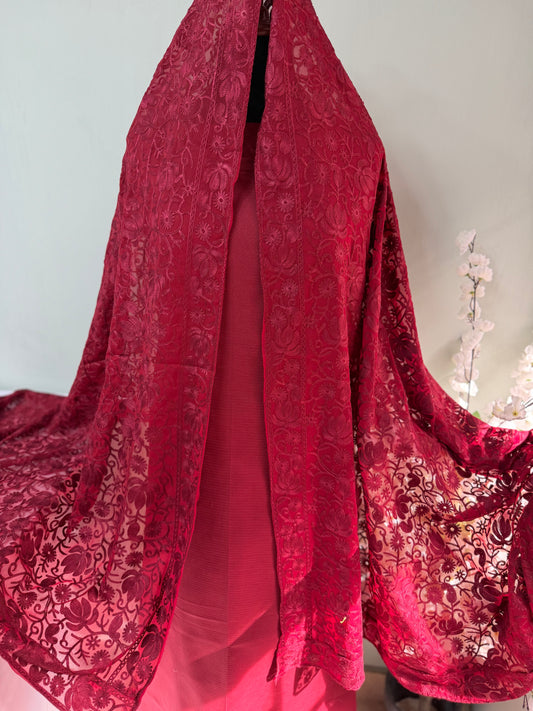 3 Piece Doria Lawn Suit With Chiffon Embroidered Dupatta | Maroon