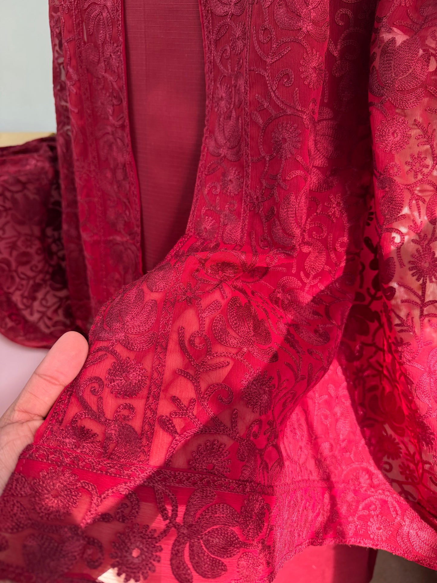 3 Piece Doria Lawn Suit With Chiffon Embroidered Dupatta | Maroon