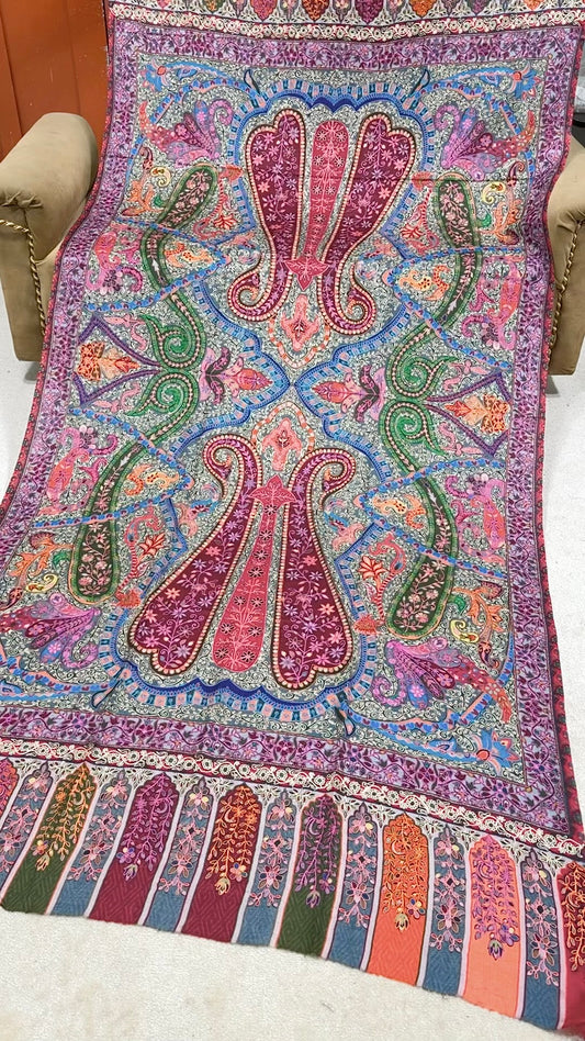 Qalamkar Shawl on Toosh Base | Made in Kashmir Multicolor Floral Design | QM113