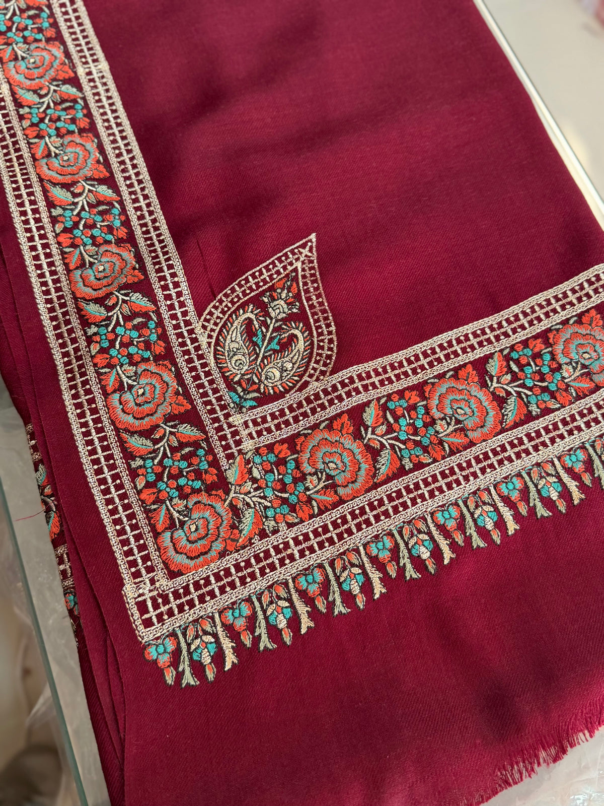 Kashmiri Shawl | Border Papermache Tilla Embroidery | Maroon