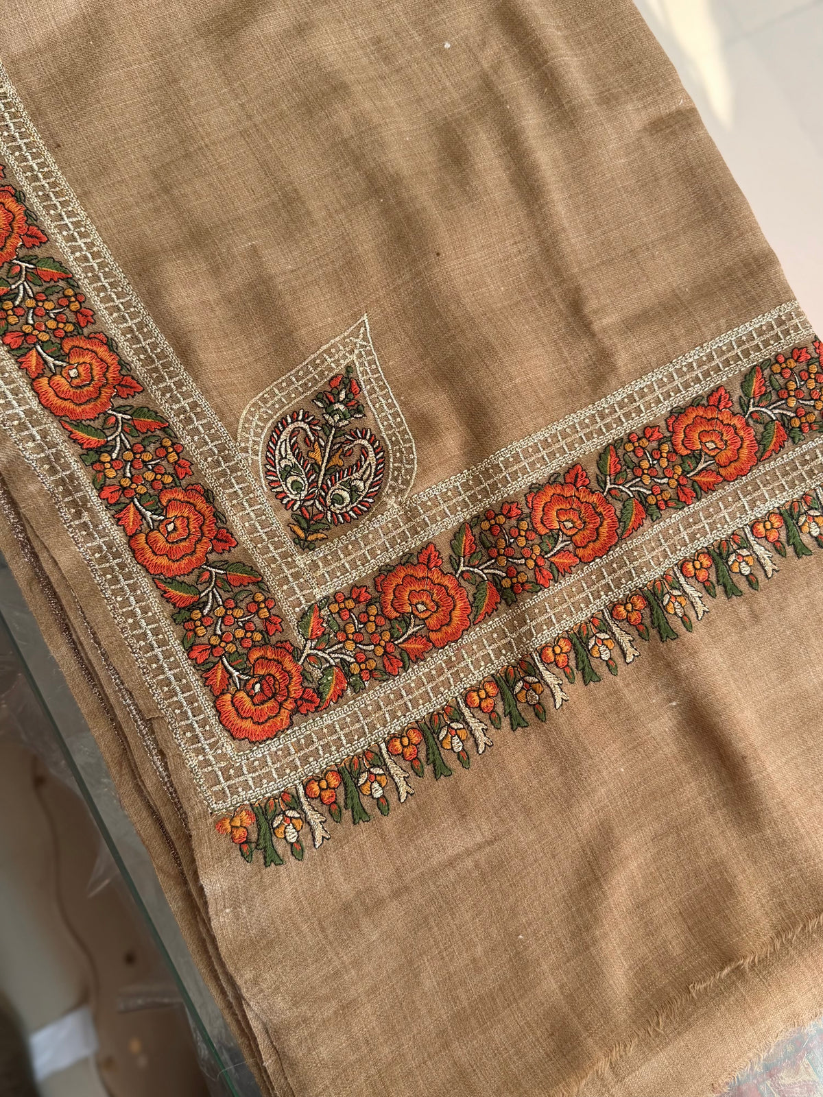 Kashmiri Shawl | Border Papermache Tilla Embroidery | Dark Skin