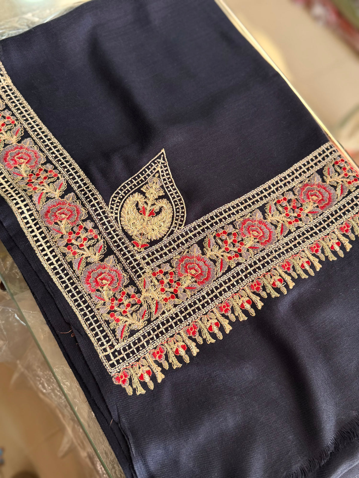 Kashmiri Shawl | Border Papermache Tilla Embroidery | Navy Blue