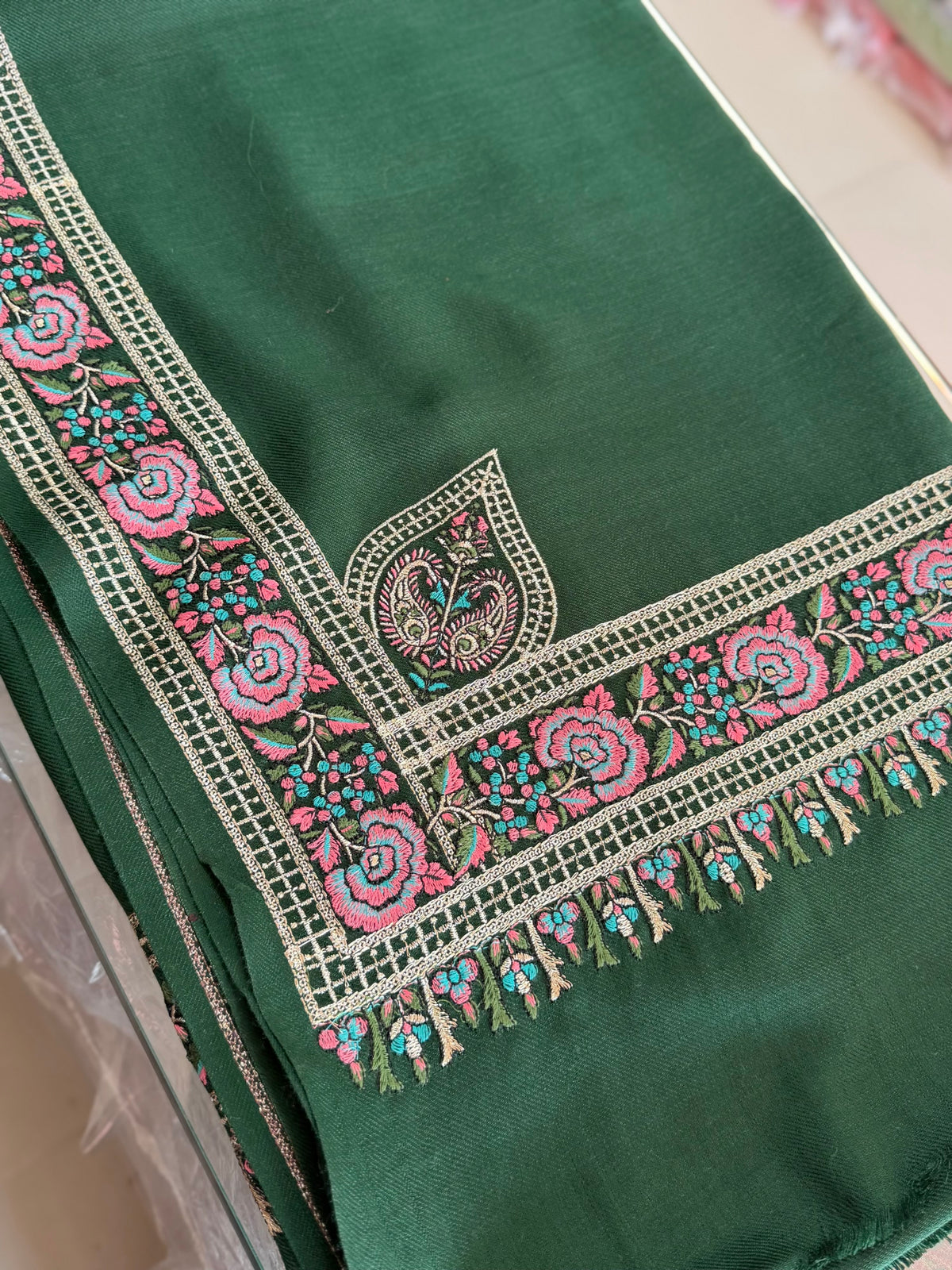 Kashmiri Shawl | Border Papermache Tilla Embroidery | Dark Green