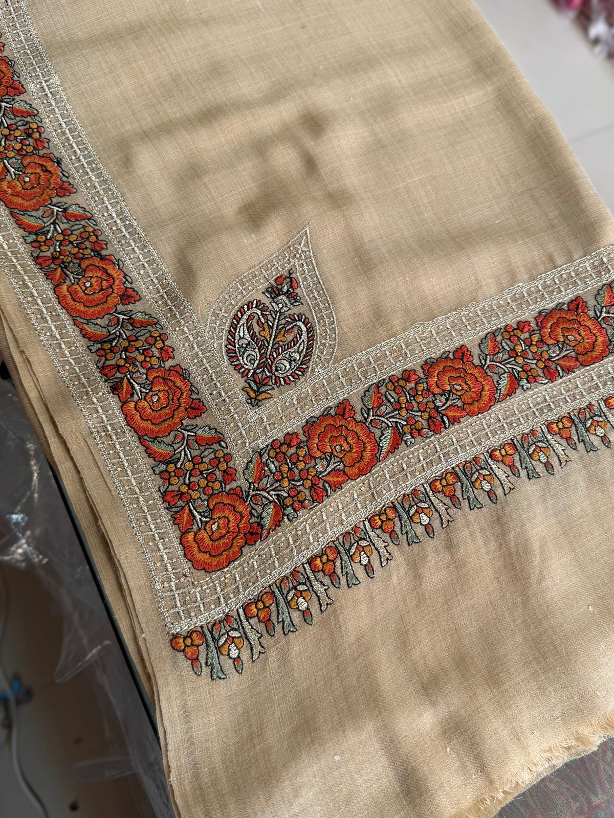Kashmiri Shawl | Border Papermache Tilla Embroidery | Light Skin