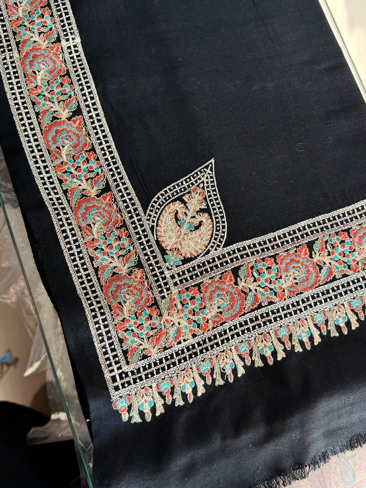 Kashmiri Shawl | Border Papermache Tilla Embroidery | Black