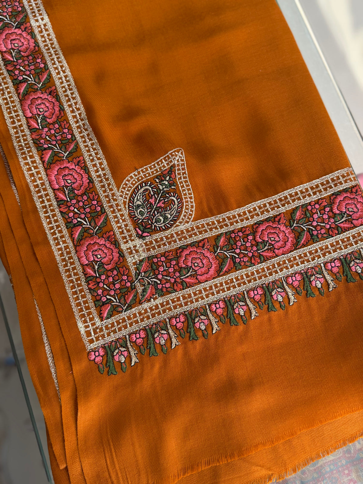 Kashmiri Shawl | Border Papermache Tilla Embroidery | Rust