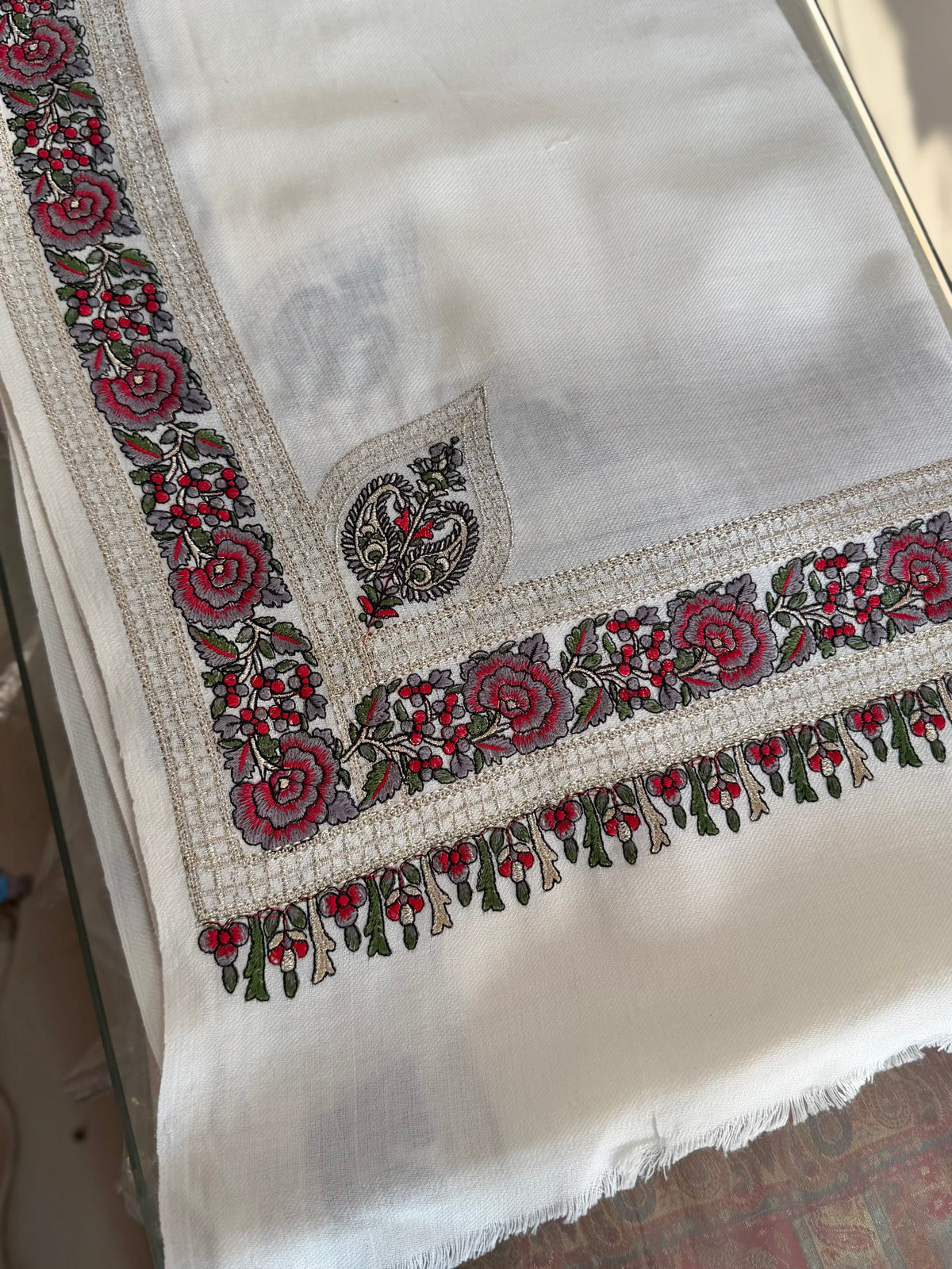 Kashmiri Shawl | Border Papermache Tilla Embroidery | Off White