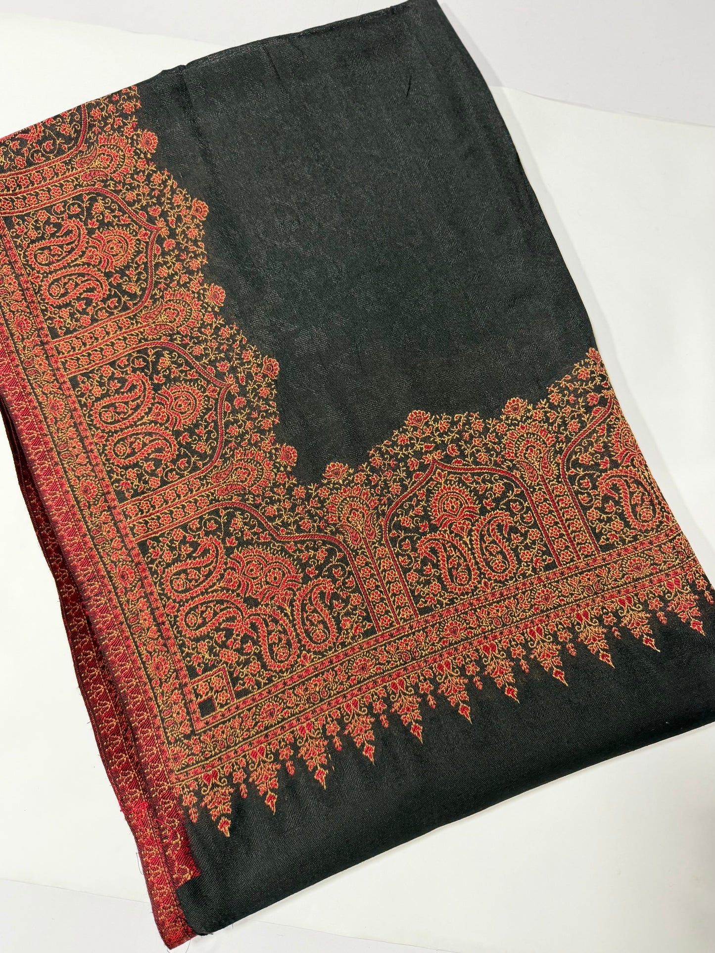 Pashmina Wool Kani Border Shawl in Full Size 4 Side Border | Black